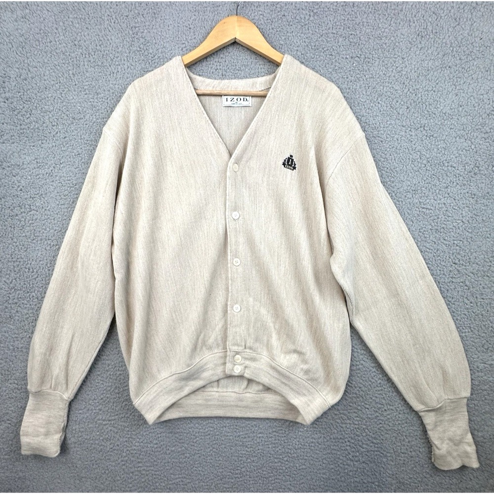 VINTAGE Izod Cardigan Sweater Mens XL Beige Button Up Knit Grandpa USA Made